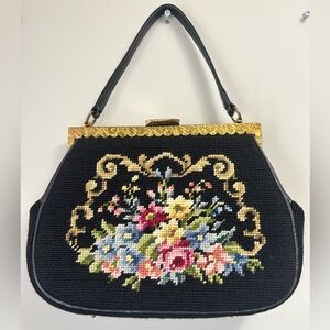 Vintage Floral Needlepoint Embroidered Black Handbag with Gold Trim Carpet Bag
